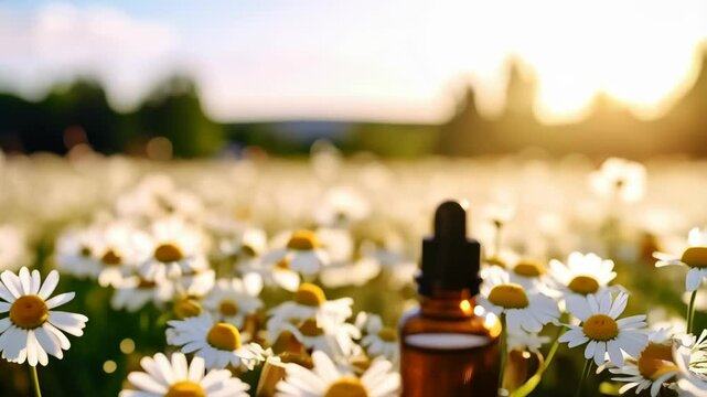 Amber bottle with dropper containing aromatherapy essence sits among white daisy flowers in a sunlit field for natural wellness and skincare product photography.