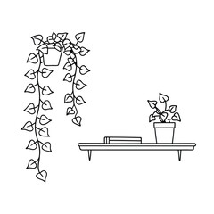 Minimalist line art illustration of potted plants on a shelf and a hanging vine