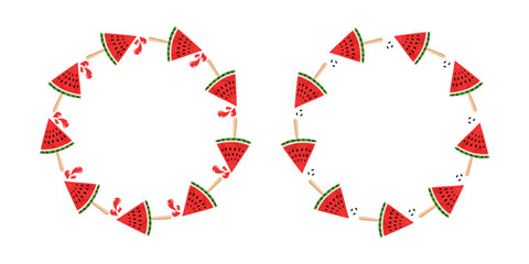  Watermelon round frame, summer. Set of banners, posters with space for text. Food slices. Sliced juicy fruits, berries. Cold dessert. Diet food, isolated background. Harvest, drops of juice.