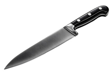 Professional kitchen knife, sleek stainless steel blade, ergonomic black handle, ideal for culinary precision and expertise. Isolated on white background or PNG