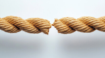 Close-up of a fraying rope breaking at its midpoint against a bright white blurred background. Minimalistic composition symbolizes conflict, tension, division, struggle, resilience, and the breaking p
