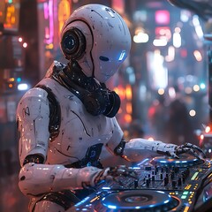 Fototapeta premium Robot DJ with glowing eyes and neon lights is bringing futuristic beats to life