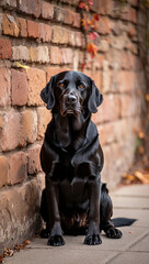 Black labrador retriever dog sitting by brick wall