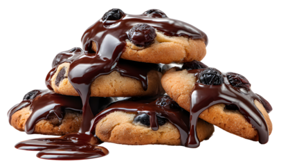 A stack of chocolate chip cookies with chocolate drizzle on top