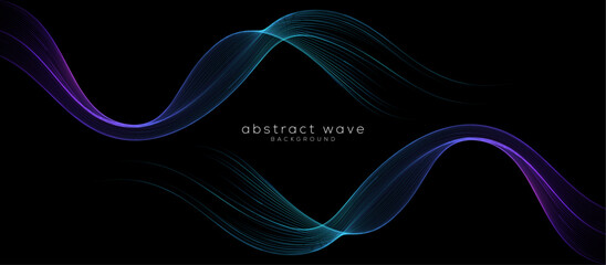 Vector abstract flowing gradient blue purple wave lines isolated on black background. Elegant mirror wave line design. Design element for technology, science, AI, flyer, modern concept	