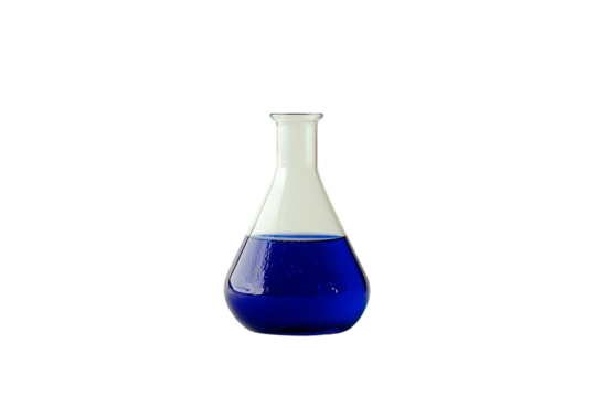 Glass Erlenmeyer flask with vibrant blue liquid, transparent background, studio shot, science, chemistry, experiment, research, laboratory,  isolated,  clear,  color,  liquid,  solution - Powered by Adobe