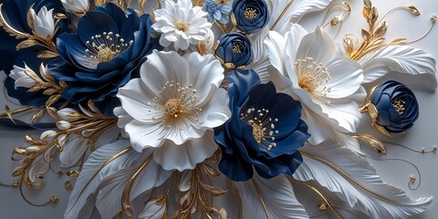 Elegant 3d paper flowers white blue gold decor