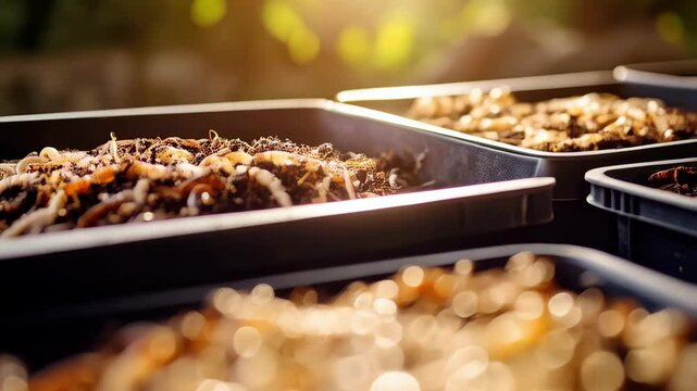 Mealworm beetles and larvae crawling inside plastic bins for farming, insects growing for animal or pet food, sustainable protein source, agriculture.