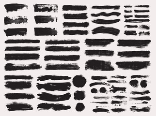 Big set of ink brush stroke. Grunge paint brush, frame, bold line, box. Torn paint edges, watercolor splash, or dirty high detail texture set. Black silhouette, banner clip art vector design element.