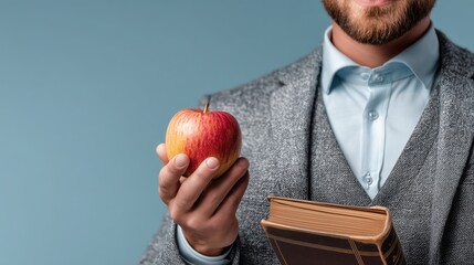 Elegant Teacher in Suit Holding Classic Book and Apple