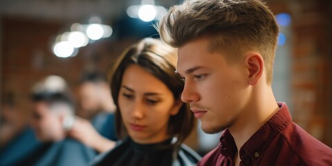 Fototapeta premium Young caucasian adults at hair salon focusing intently on haircuts