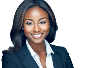 Portrait of a smiling African American businesswoman wearing a navy blue suit and white shirt, transparent background