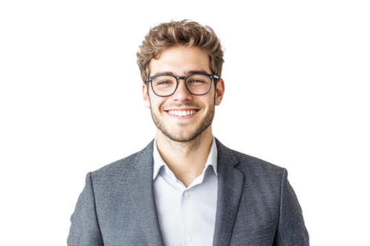 Portrait of a smiling young businessman wearing glasses and a gray suit jacket