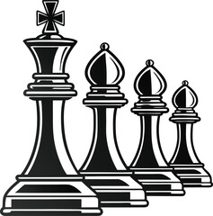 Chess piece silhouettes, black chess icons, king queen rook, pawn knight vector, strategic game design