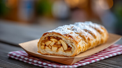 Delicious apple strudel with powdered sugar on wooden platter
