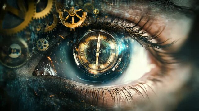 Close Up Of A Human Eye With Intricate Gold Gears And A Clock Face