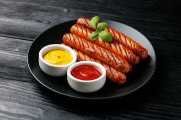 Grilled sausages served with mustard and ketchup
