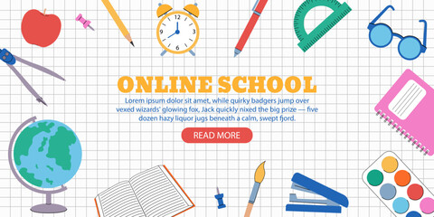 Online school web banner, poster. Online education, e-learning. Vector illustration.
