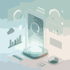 A stylish 3D glassmorphism user interface illustration featuring floating translucent UI elements, including profile icon, settings panel, smartphone, and data charts. Set against a soft white and min