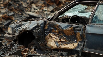 Damaged Black Car Wreckage After Collision