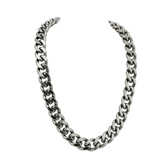 Obraz premium Single men's thick curb chain necklace, polished stainless steel, heavy-duty links, reflective metallic luster, on a transparent seamless studio background with no shadows, isolated, ultra-realistic