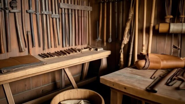 Vintage woodworking studio interior with antique tools, wooden surfaces, and handcrafts in a rustic setting showcasing traditional craftsmanship