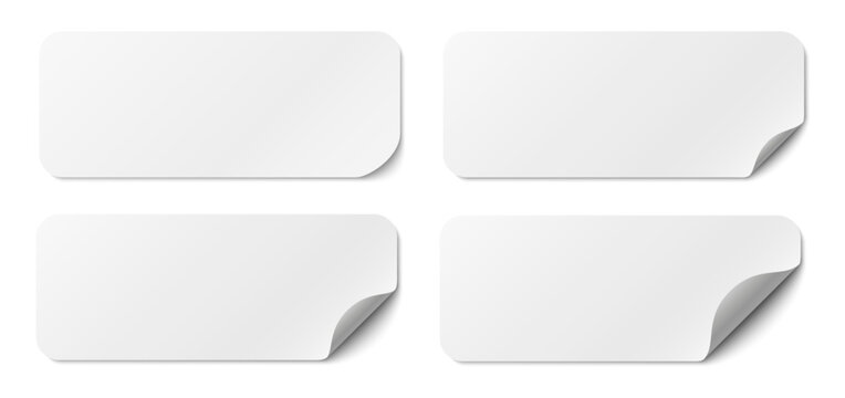 Paper stickers long square with rounded edges adhesive, isolated rounded plastic mockup, realistic set round paper curved corner, white tags, paper round stickers with peeling corner and shadow