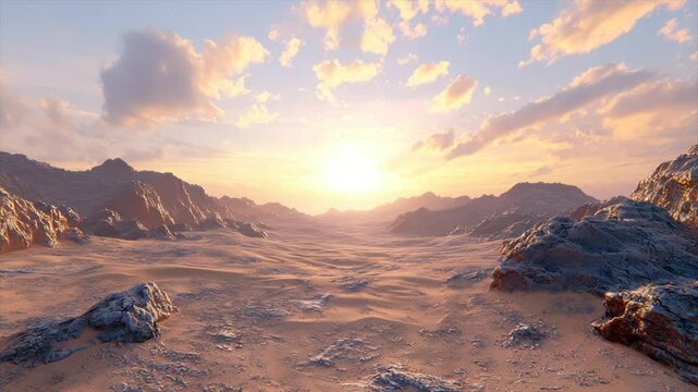 Vast desert landscape at sunset.  Rocky mountains rise in the distance,  illuminated by a golden sun.  A flat expanse of beige sand stretches between them