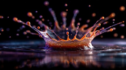 Dramatic splash of orange and purple liquid captured mid-air showcasing a beautiful blend of colors and motion