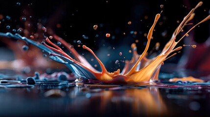 Striking splash of orange and blue paint blending together in a beautiful display of colorful artistic expression