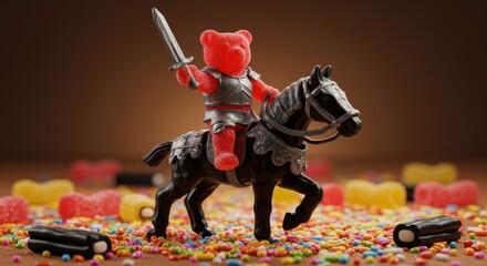Gummy bear knight on a horse among candies