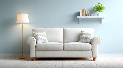 Cozy living room with white sofa, lamp, and decorative shelf with green plant