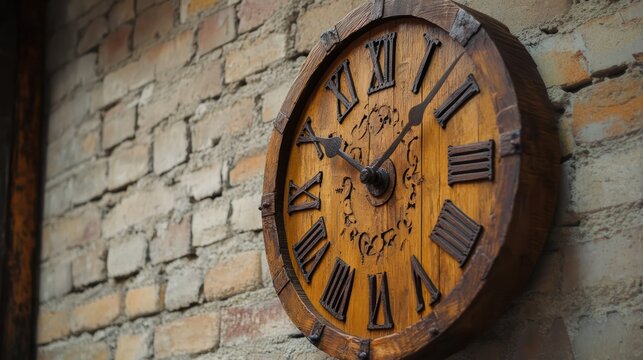 Rustic Wooden Wall Clock on Brick Wall