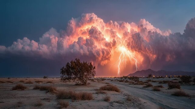 Powerful Lightning Storm Over the Desert Landscape, Mesmerizing Electrical Display