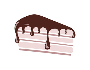 A piece of chocolate cake, isolated on a white background, stylized vector illustration, flat design. A sweet delicious dessert doused with chocolate for a celebration. An element for decoration