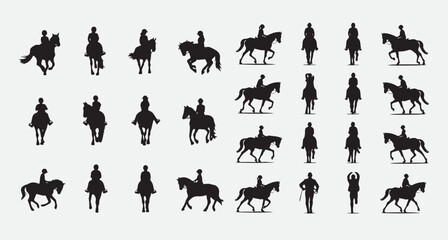 Set of twelve black silhouettes of horseback riders showing various riding poses and equestrian actions