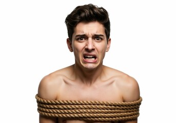 Young man in distress, tightly bound with brown rope conveying fear