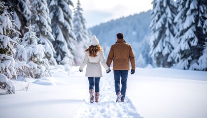 Couple walking in snowy woods