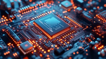 Fototapeta premium Illuminated Circuit Board: A Close-Up View of Microchip Technology