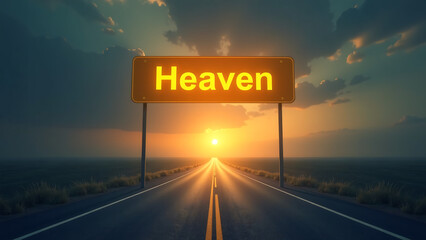 bright yellow highway sign beckons dimly lit intersection word emblazoned curved ascending road stretches