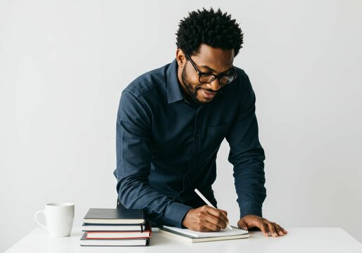 Thoughtful african american man jotting notes in a notebook with a stylus pen on desk