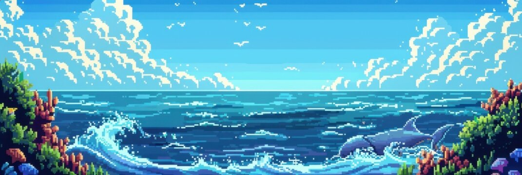 Vibrant pixel art tribute to world oceans day featuring waves and marine life. Horizontal banner. Copy space. World Wildlife Day. World Animal Day. Reef Day