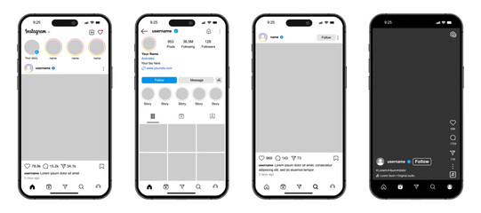 Instagram feed mockup. Social media mock up template. Instagram post frame carousel template. Screen interface on Iphone smartphone. Post story reels. Latest update social network mobile app