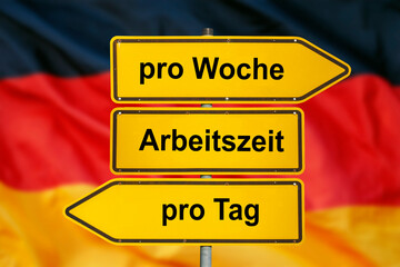 Vor einer Deutschlandfahne zeigt ein Wegweiser in unterschiedliche Richtungen und ist beschriftet...