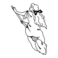 vintage pin-up girl riding broom vector drawing