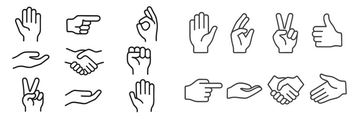 Various hand gestures displayed in black line art showcasing communication and interaction concepts