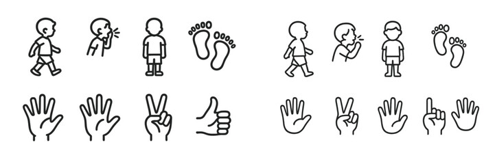 Fun illustrations of children engaged in playful activities showcasing gestures and movements with varied hand signs