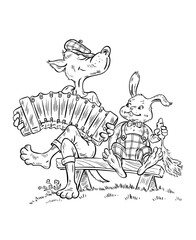 Kind cartoon wolf with accordion and funny rabbit with carrot. Funny cute characters for kids. Animal friendship. Rural clothes. Vector black and white art illustration sketch. Retro style. Hand drawn
