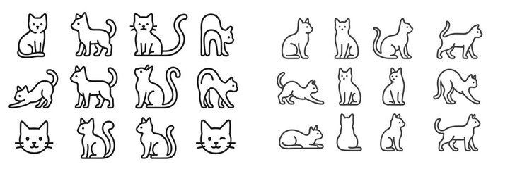 Cute line drawings of various cats displaying playful and relaxed poses in a minimalistic style suitable for children's activities