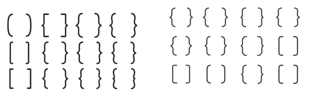 Different types of brackets arranged in rows, illustrating various styles and uses in mathematics and programming